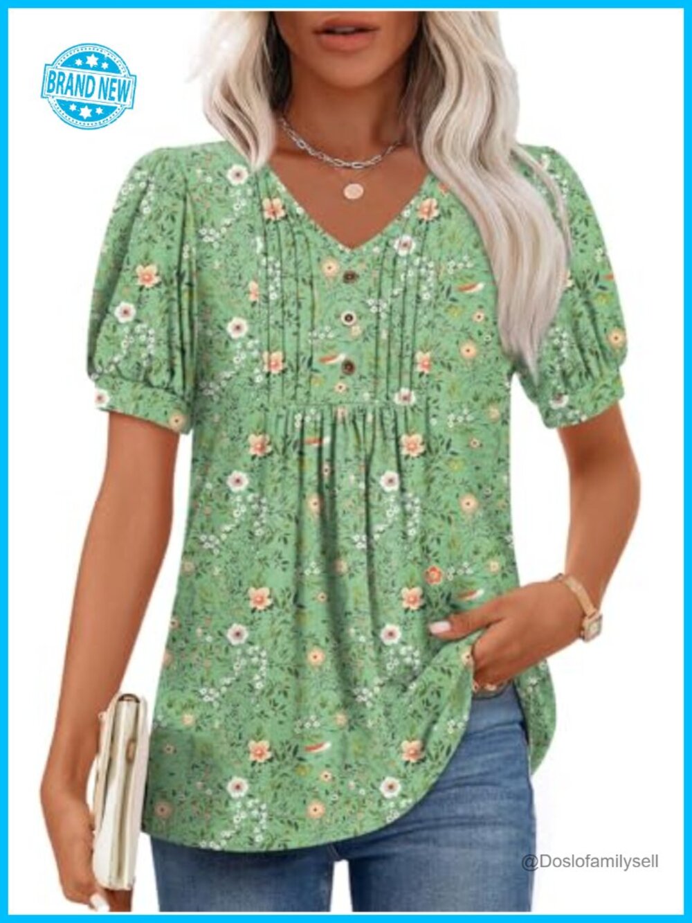 Women's Puff Sleeve V-Neck Pleated Tunic Top Button Blouse Summer